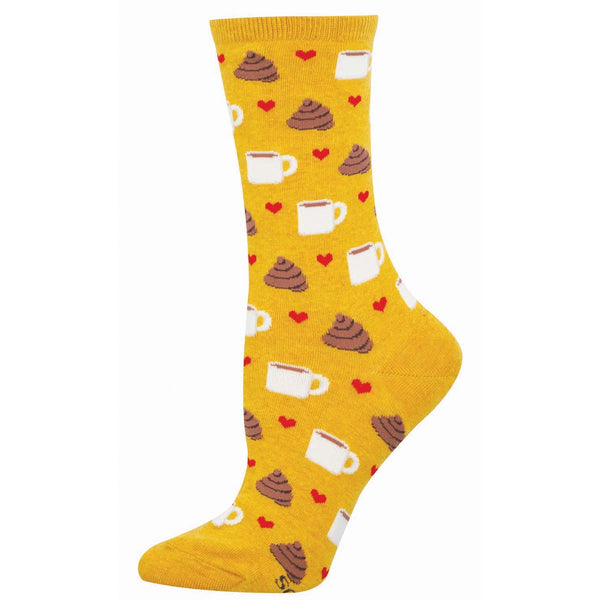 Yellow sock with coffee cup and poop emoji pattern