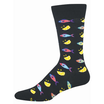 Black sock with colorful fish and lemon pattern