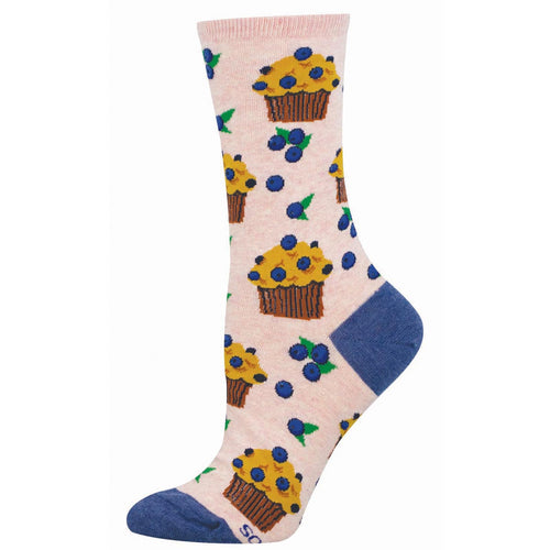Sock with blueberry muffin design on a light pink background