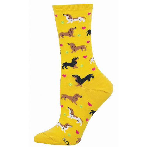 Yellow sock with dachshund dog pattern with small love hearts