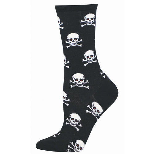 Black sock with white skull and crossbones pattern with glowing red eyes