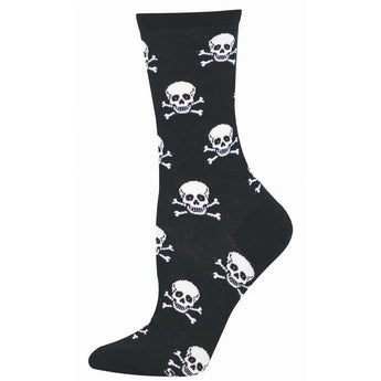 Black sock with white skull and crossbones pattern with glowing red eyes