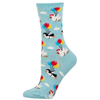 Light blue sock with cartoon penguins and chickens using balloons to fly