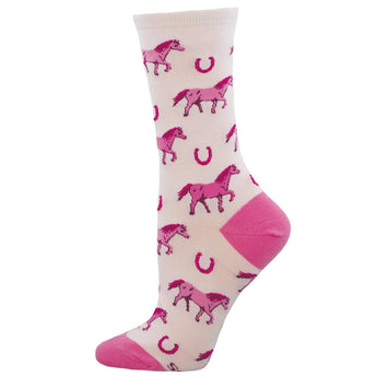 Sock with pink horse and horseshoe pattern on a white background