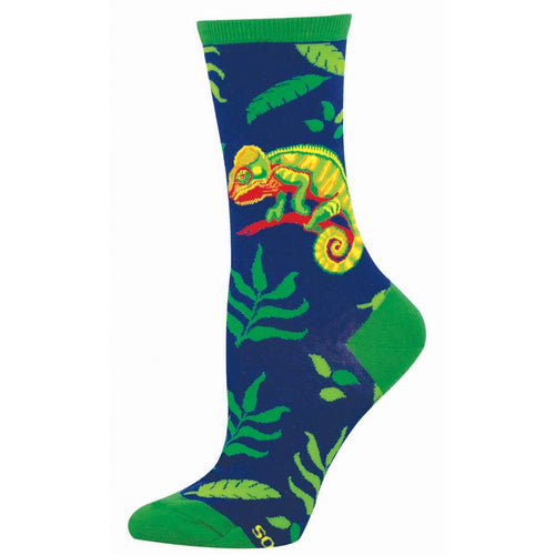 Colorful blue and green sock with a chameleon design