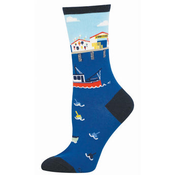 Sock with an ocean scene featuring a lobster house and boat design