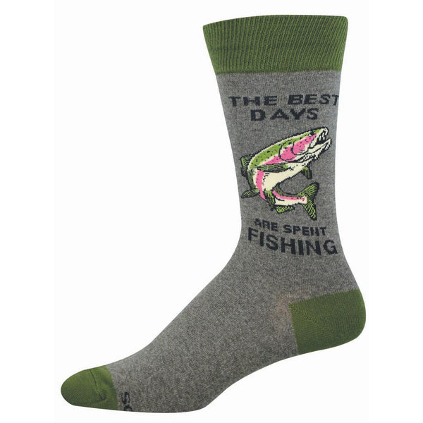 Gray sock with green accents featuring a fish graphic and 