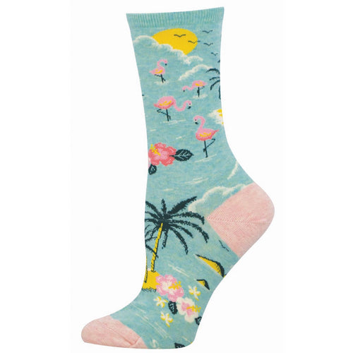 Colorful sock with flamingo and palm tree design on a light blue background