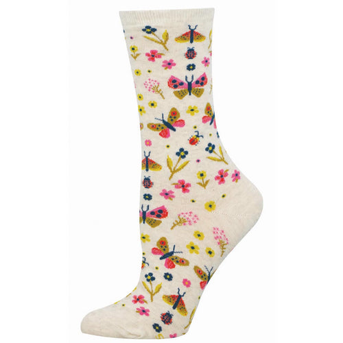Floral and butterfly patterned sock on an ivory background