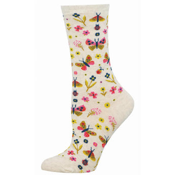 Floral and butterfly patterned sock on an ivory background