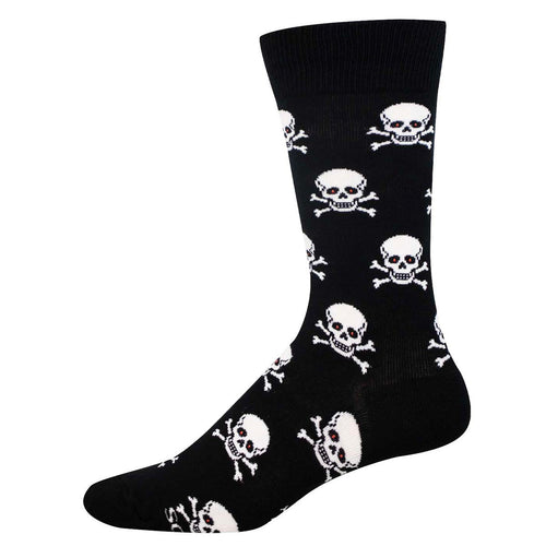 Black socks with white skull and crossbones pattern with glowing red eyes