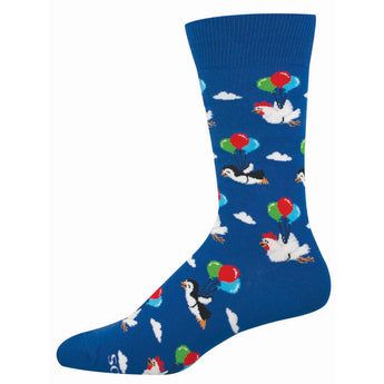 Blue sock with cartoon penguins and chickens using balloons to fly