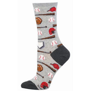 Gray sock with baseball-themed pattern featuring balls, hats, helmets, bats, gloves, and home base