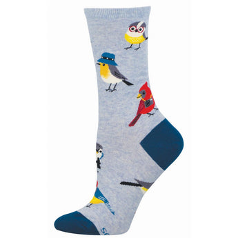 Gray sock with colorful illustrations of birds wearing bird watching accessories