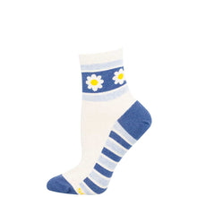 White sock with blue stripes and daisy flowers on a white background