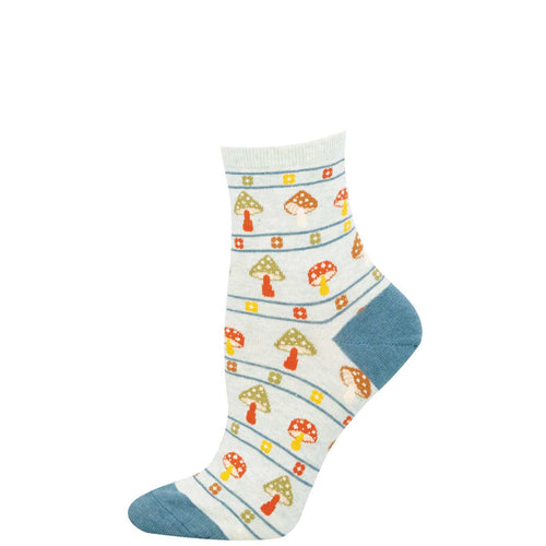 Colorful mushroom-patterned sock on a white background