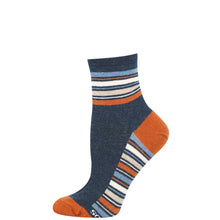 Striped sock with blue, orange, and beige colors on a dark blue background