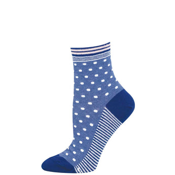 Blue sock with white polka dots and stripes on a white background