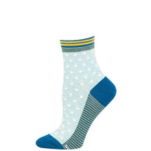 Blue and white polka dot sock  with yellow stripes on a white background