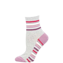 Gray sock with pink and purple stripes on a white background