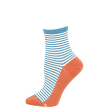 Sock with blue and white striped pattern and orange toe and heel on a white background