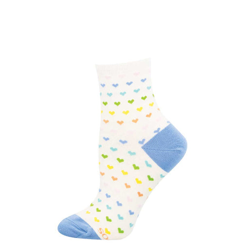 White sock with colorful heart pattern and blue toes and cuffs on a white background