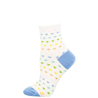 White sock with colorful heart pattern and blue toes and cuffs on a white background