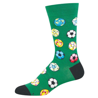 Green sock with a colorful soccer ball pattern