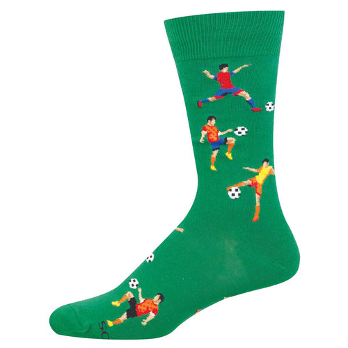 Green sock with soccer players and soccer balls
