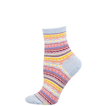 Colorful striped sock with blue cuff and heel