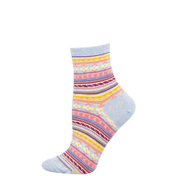 Colorful striped sock with blue cuff and heel