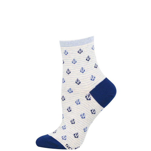 White sock with blue anchor pattern and blue cuff on a white background